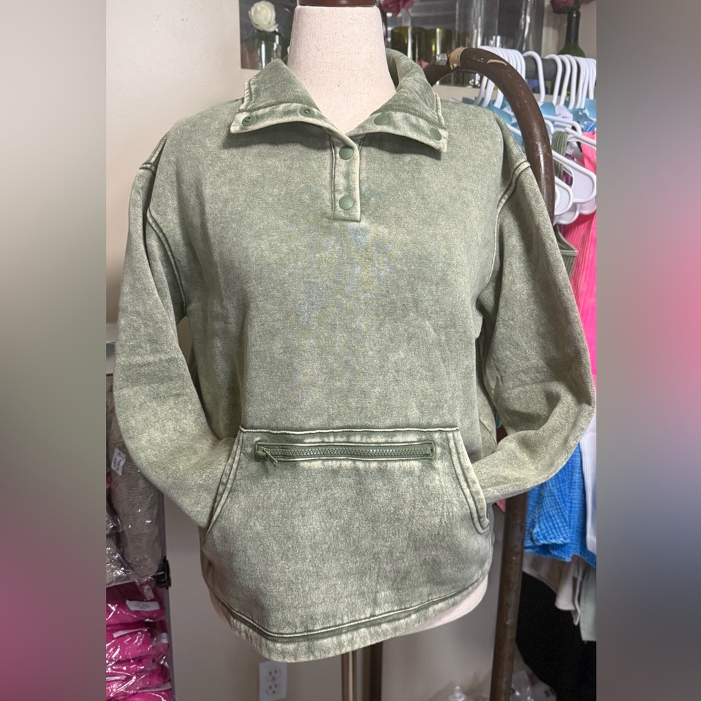 Zenana Mineral Wash Fleece Half Snap Sweatshirt with Pocket in Light Olive